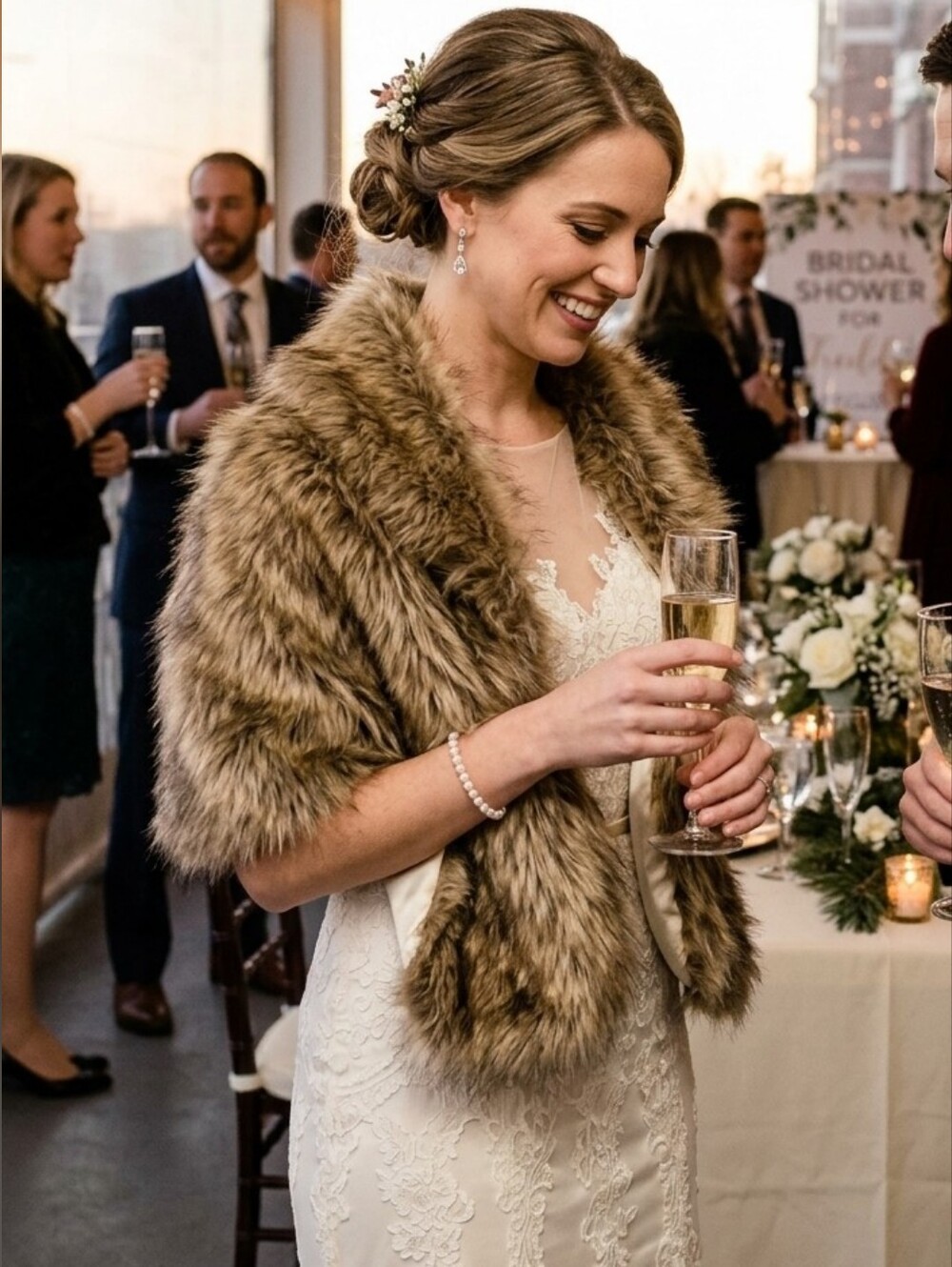{Aukmla} Brown Faux Fur Wedding Shawl - Brown